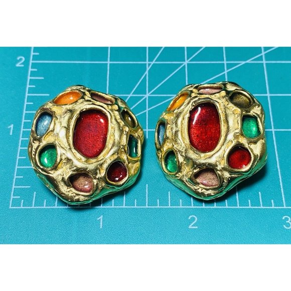 Vtg DKNY Gripoix Mogul Gold Tone Clip Earrings Rare Donna Karen 80s Multicolor - Picture 3 of 10